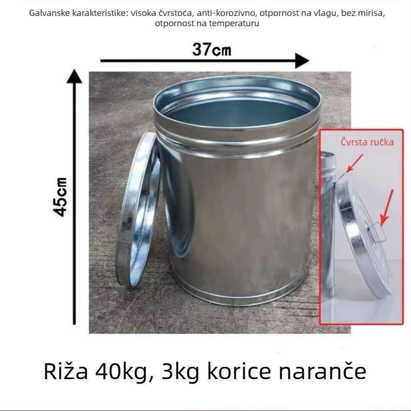 Spremnik za rižu sa zatvorenjem, otporan na vlagu i insekte; metalno tijelo s PVC oblogom; kapacitet ispod 4 L; jednostavan stil