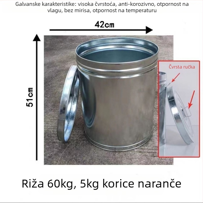 Spremnik za rižu sa zatvorenjem, otporan na vlagu i insekte; metalno tijelo s PVC oblogom; kapacitet ispod 4 L; jednostavan stil