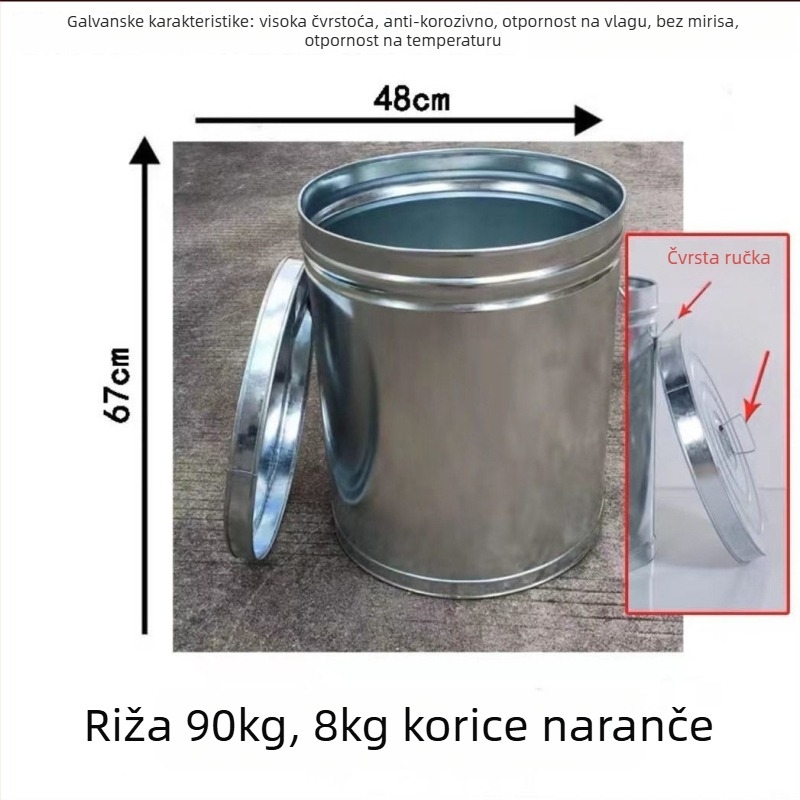 Spremnik za rižu sa zatvorenjem, otporan na vlagu i insekte; metalno tijelo s PVC oblogom; kapacitet ispod 4 L; jednostavan stil