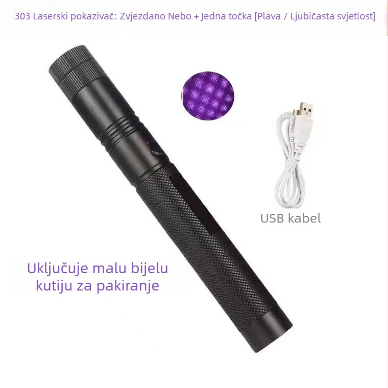10W laserska svjetiljka, USB punjiva, tijelo od aluminijske legure, baterija 1200 mAh, domet 200–500 m