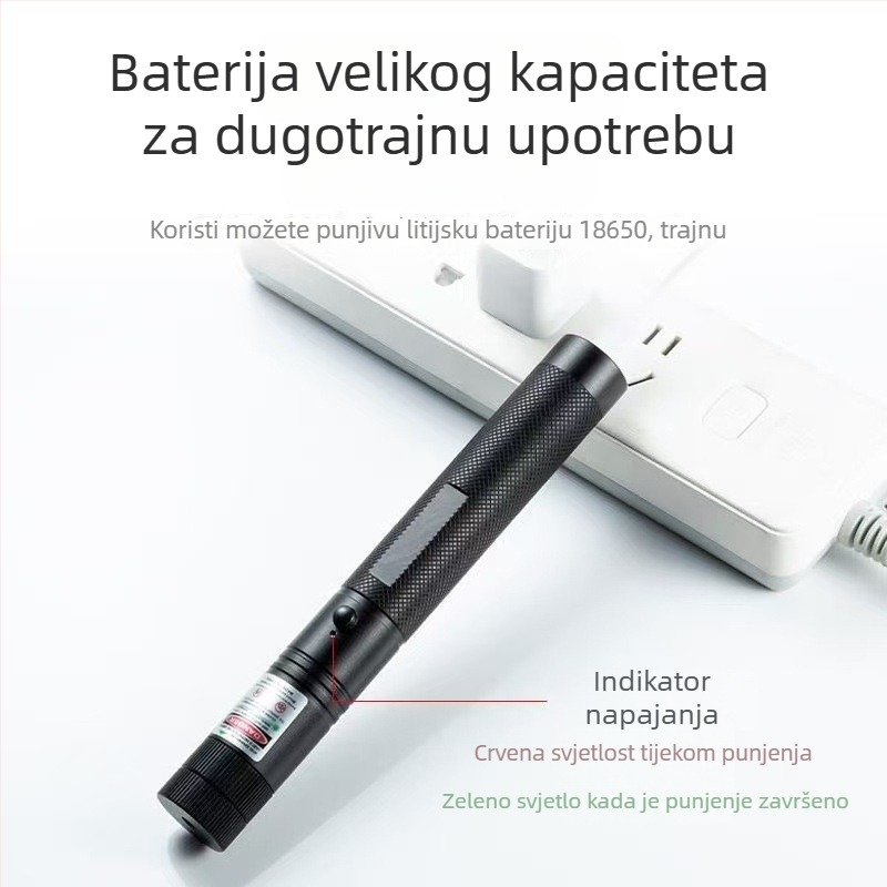 10W laserska svjetiljka, USB punjiva, tijelo od aluminijske legure, baterija 1200 mAh, domet 200–500 m