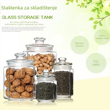 Staklena zatvorena posuda s osmerokutnim oblikom, kapacitet ispod 300 ml, kompatibilna s mikrovalnom pećnicom, za sušeno voće i bombone