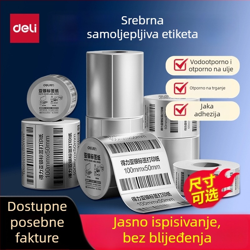 Deli rola papirnate etikete, srebrna, mat, vodootporna i otporna na ulje, odvojiva, ispisiva i pogodna za ručno pisanje, veličine 50x30, 60x40 i 80 naljepnica