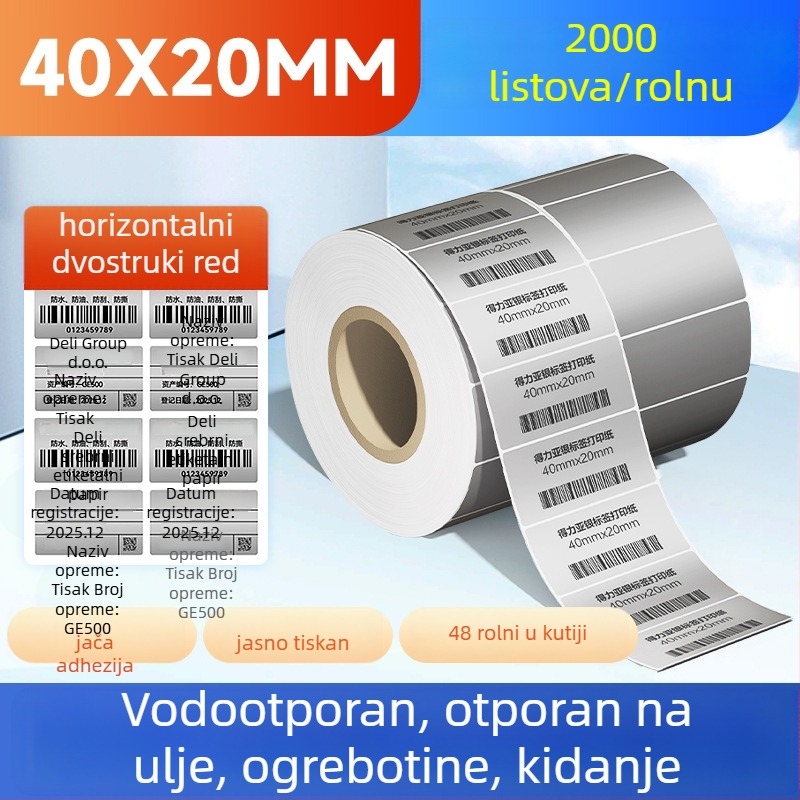 Deli rola papirnate etikete, srebrna, mat, vodootporna i otporna na ulje, odvojiva, ispisiva i pogodna za ručno pisanje, veličine 50x30, 60x40 i 80 naljepnica