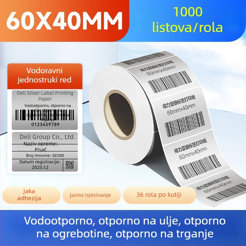 Deli rola papirnate etikete, srebrna, mat, vodootporna i otporna na ulje, odvojiva, ispisiva i pogodna za ručno pisanje, veličine 50x30, 60x40 i 80 naljepnica