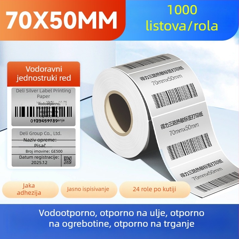 Deli rola papirnate etikete, srebrna, mat, vodootporna i otporna na ulje, odvojiva, ispisiva i pogodna za ručno pisanje, veličine 50x30, 60x40 i 80 naljepnica