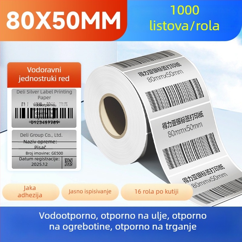 Deli rola papirnate etikete, srebrna, mat, vodootporna i otporna na ulje, odvojiva, ispisiva i pogodna za ručno pisanje, veličine 50x30, 60x40 i 80 naljepnica