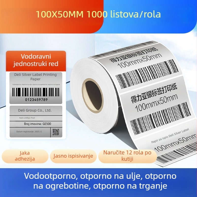Deli rola papirnate etikete, srebrna, mat, vodootporna i otporna na ulje, odvojiva, ispisiva i pogodna za ručno pisanje, veličine 50x30, 60x40 i 80 naljepnica
