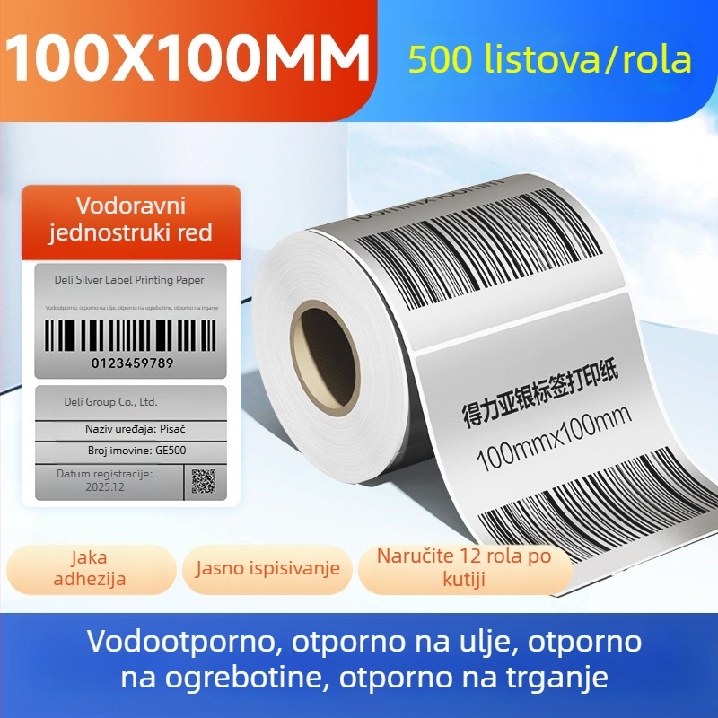 Deli rola papirnate etikete, srebrna, mat, vodootporna i otporna na ulje, odvojiva, ispisiva i pogodna za ručno pisanje, veličine 50x30, 60x40 i 80 naljepnica