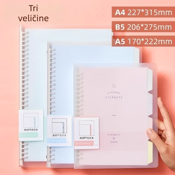 Notes s binder vezivanjem, uklonjive listove, podijeljene stranice, PP plastično kućište, papir 80 g/m²