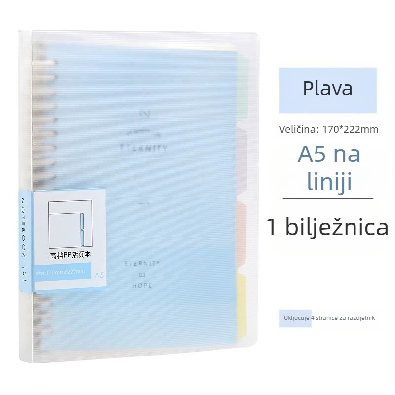 Notes s binder vezivanjem, uklonjive listove, podijeljene stranice, PP plastično kućište, papir 80 g/m²
