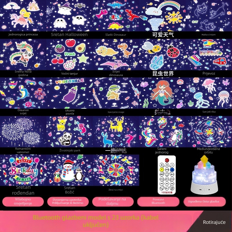 Projektor zvjezdanog neba s USB napajanjem i ugrađenom baterijom, daljinskim upravljačem, punjiv, reprodukcija glazbe, prilagodba svjetline