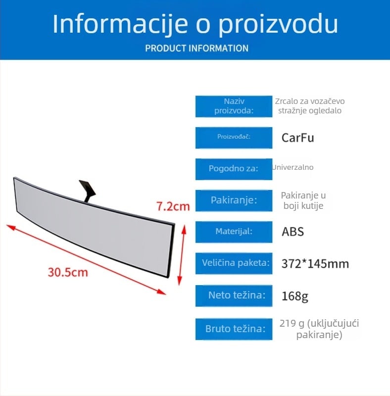 Unutarnji automobilinski retrovizor AC-1400, ABS, universalni tip, višestruko podešavanje, težina 219 g