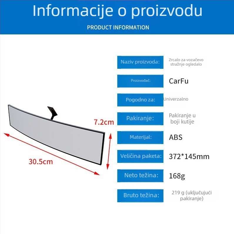 Unutarnji automobilinski retrovizor AC-1400, ABS, universalni tip, višestruko podešavanje, težina 219 g