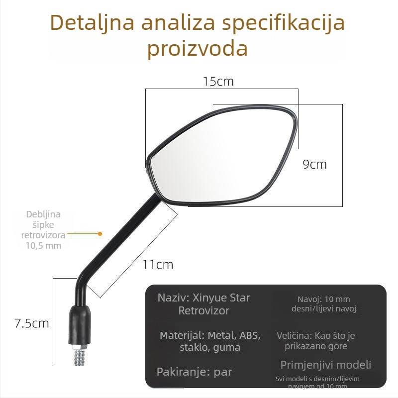 Zadnje ogledalo za Haojue Yingzuan motocikl – anti-glare PV+ staklo, PC kućište, desni navoj montaže, model Xin Yue Xing