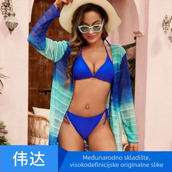 Ženski bikini set od tri komada: gradientna mrežasta jakna, trokutasti gornji dio bikini, slip bikini; materijal najlon s poliester podstavom; umetci u prsima; bez metalnih potpora
