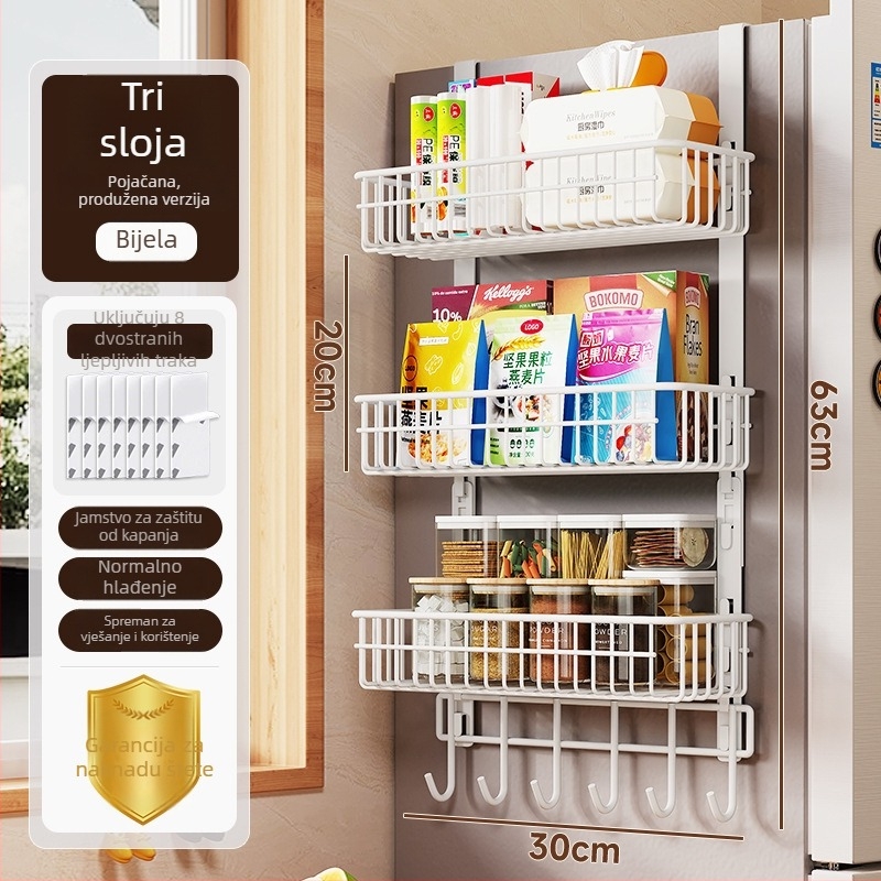 3‑slojni kuhinjski stalak za pohranu, ugljični čelik, mat završna obrada, bez bušenja, nosivost 10 kg