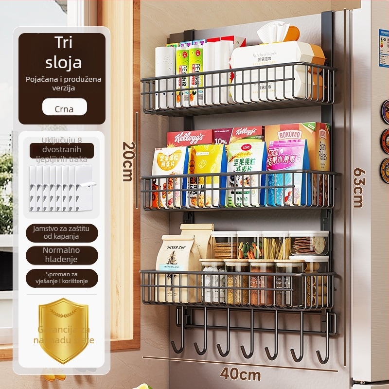 3‑slojni kuhinjski stalak za pohranu, ugljični čelik, mat završna obrada, bez bušenja, nosivost 10 kg