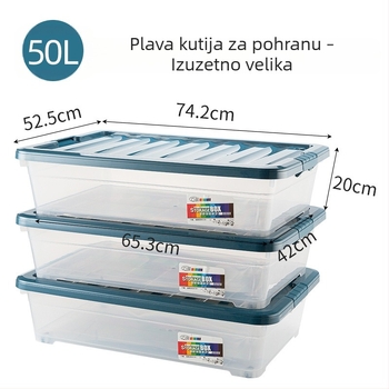 Prozirna plastična kutija za pohranu ispod kreveta, velikog kapaciteta 50 L, s poklopcem i kotačićima, sklopiva