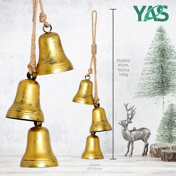 Zvono-priversak za božićno drvce s konopnim užetom, metalni retro ručni dizajn