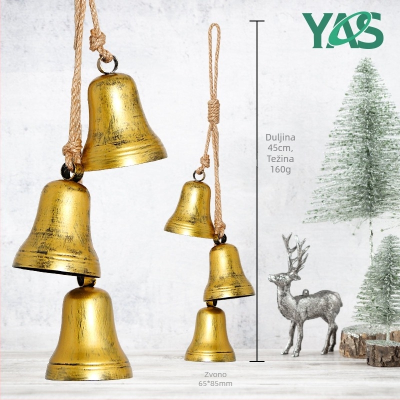 Zvono-priversak za božićno drvce s konopnim užetom, metalni retro ručni dizajn
