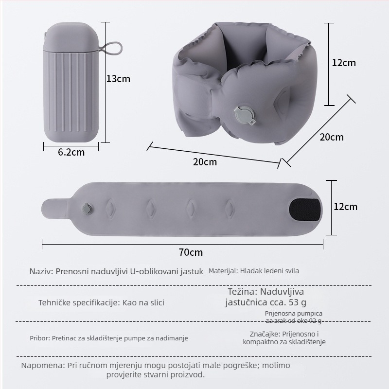 Napuhljiva U-oblike putna jastučnica, kompaktna i prijenosna, punjenje: Zrak, prikladno za odrasle, stil modernog minimalizma (Punjenje: Zrak; Težina jastuka: ≤0,5 kg; Oblik: U)