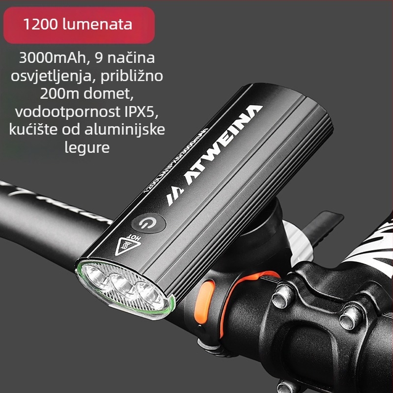 Prednje svjetlo za planinski bicikl s tri LED, vodootporno aluminijsko kućište, 3000 mAh, USB Type-C