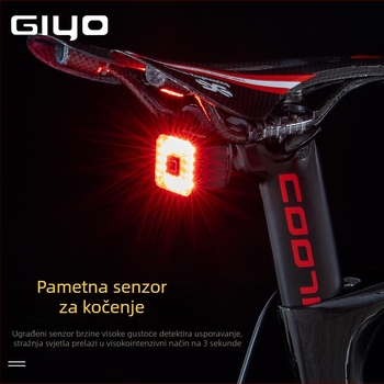 GIYO pametna stražnja svjetla za bicikl s USB punjenjem, visokou snaga LED lampe, upozoravajuće svjetlo, kompatibilno s planinskim i cestovnim biciklima