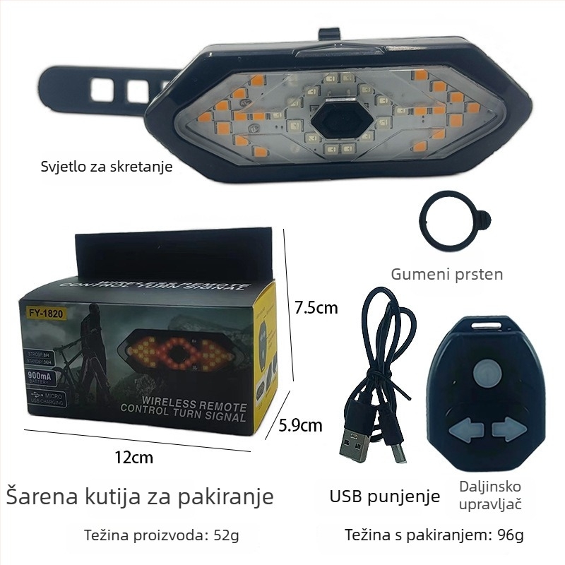 Svjetlo za bicikl s daljinskim upravljanjem i signalima lijevo/desno, LED stražnje svjetlo s USB punjenjem, vodootporno s zvonom