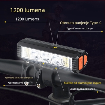 Prednje svjetlo za bicikl, 1200 lm, aluminijsko kućište, za noćnu vožnju po planinama