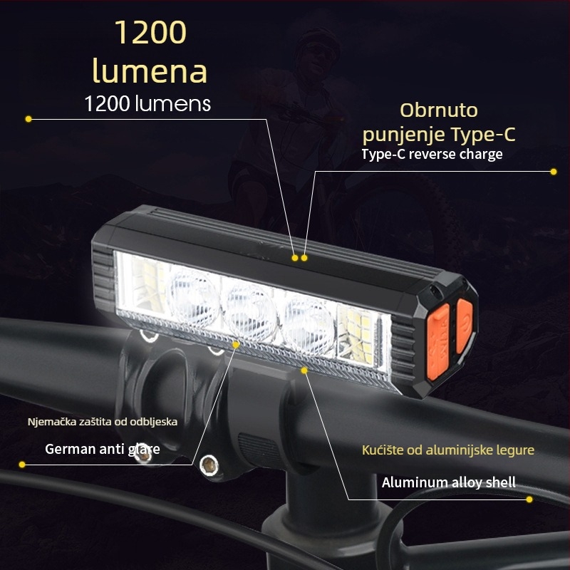 Prednje svjetlo za bicikl, 1200 lm, aluminijsko kućište, za noćnu vožnju po planinama