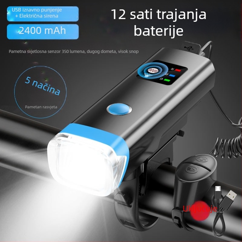 Prednje svjetlo za bicikl USB punjenjem, vodootporno, senzor, za planinski bicikl noćna vožnja, s klaksonom