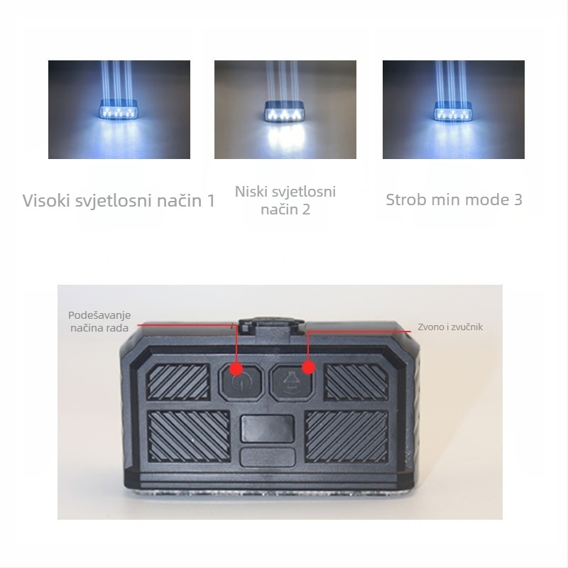 Prednje svjetlo za bicikl za noćnu vožnju, vodootporno, baterija 1500 mAh, USB-C punjenje, pričvršćivanje trakom, pogodno za planinski i cestovni bicikl
