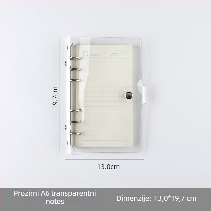 Prozirna A7 bilježnica s listovima koji se mogu izvaditi i PVC omotom; višestruke konfiguracije rupa: A5 6 rupa, B5 9 rupa, A4 4 rupe, 26 rupa, 20 rupa