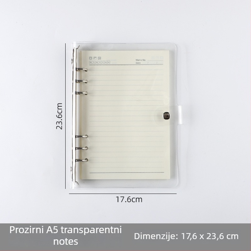 Prozirna A7 bilježnica s listovima koji se mogu izvaditi i PVC omotom; višestruke konfiguracije rupa: A5 6 rupa, B5 9 rupa, A4 4 rupe, 26 rupa, 20 rupa