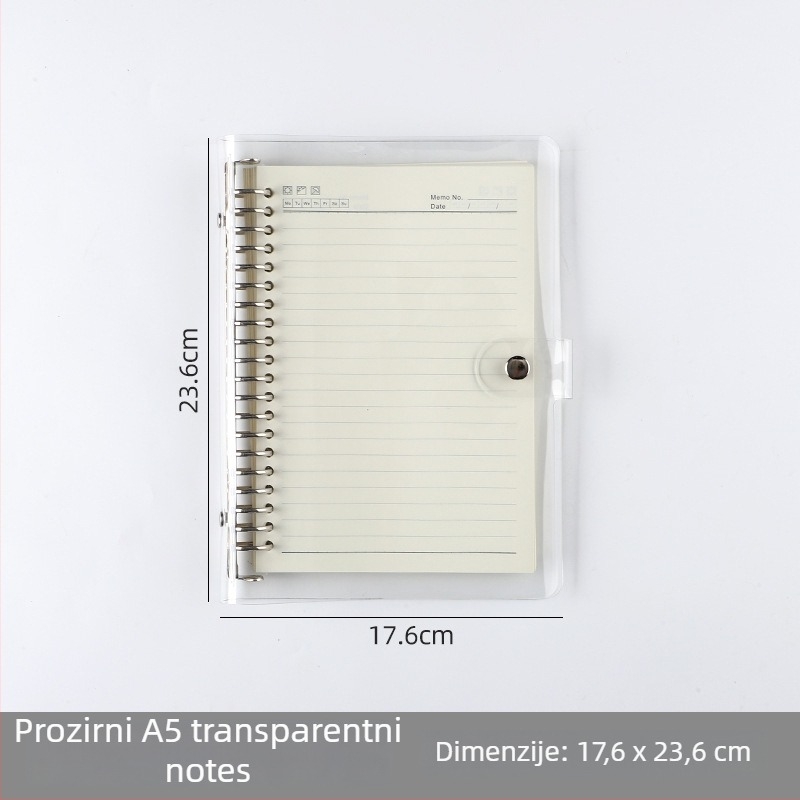 Prozirna A7 bilježnica s listovima koji se mogu izvaditi i PVC omotom; višestruke konfiguracije rupa: A5 6 rupa, B5 9 rupa, A4 4 rupe, 26 rupa, 20 rupa