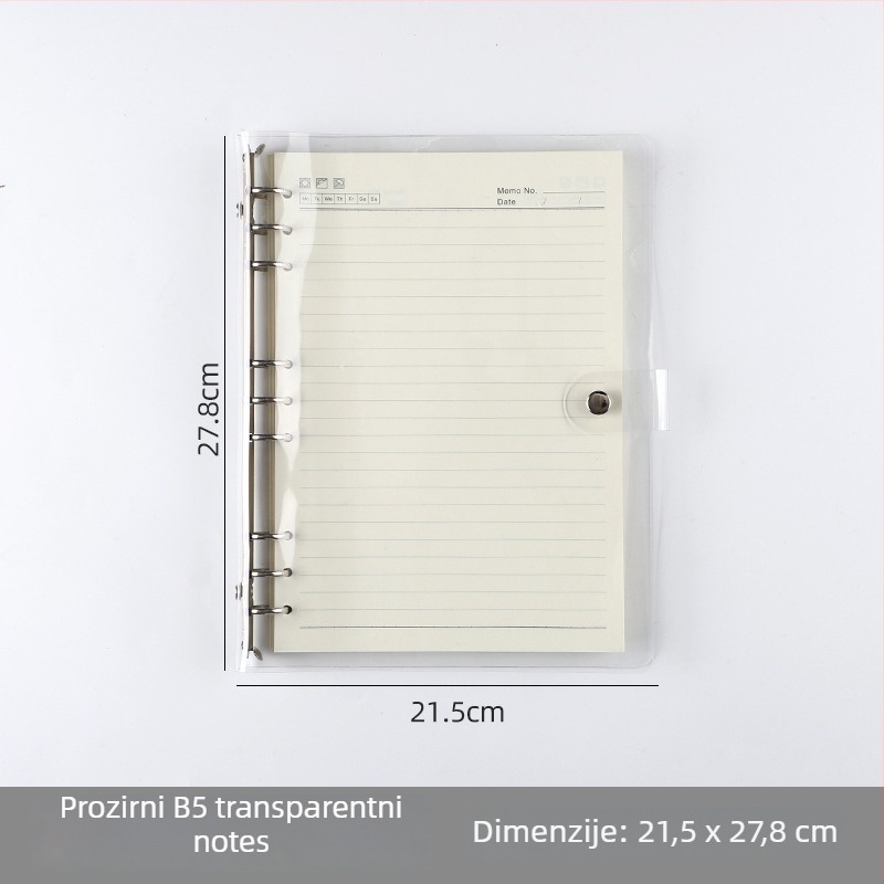 Prozirna A7 bilježnica s listovima koji se mogu izvaditi i PVC omotom; višestruke konfiguracije rupa: A5 6 rupa, B5 9 rupa, A4 4 rupe, 26 rupa, 20 rupa