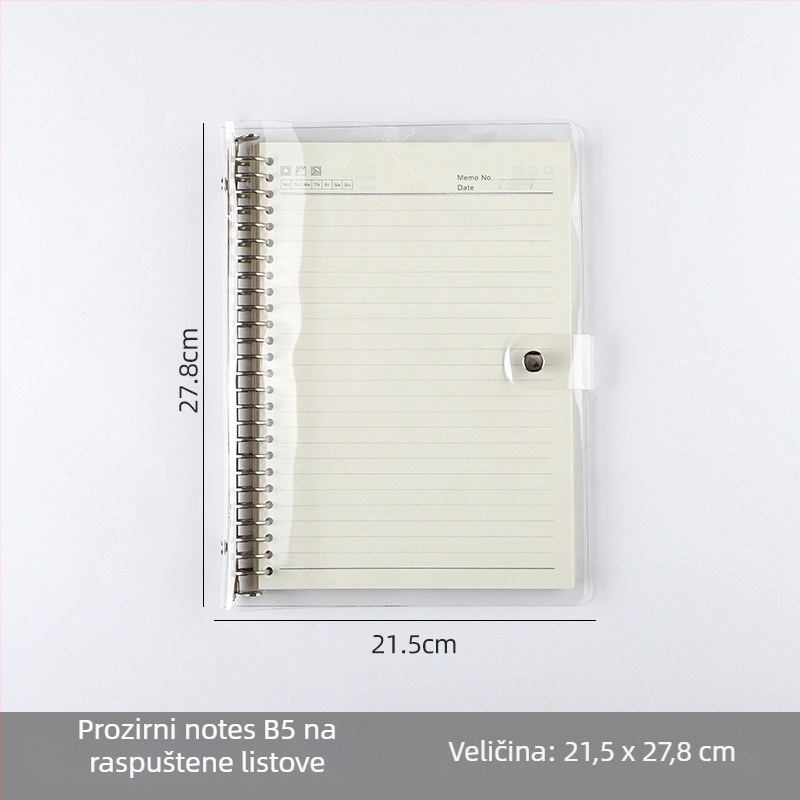 Prozirna A7 bilježnica s listovima koji se mogu izvaditi i PVC omotom; višestruke konfiguracije rupa: A5 6 rupa, B5 9 rupa, A4 4 rupe, 26 rupa, 20 rupa