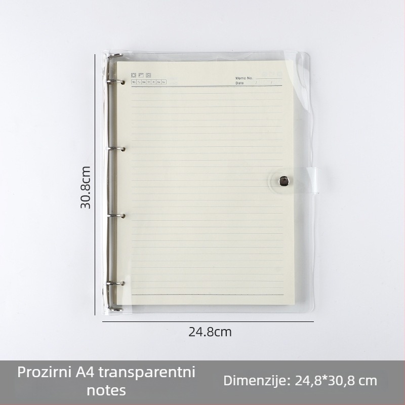 Prozirna A7 bilježnica s listovima koji se mogu izvaditi i PVC omotom; višestruke konfiguracije rupa: A5 6 rupa, B5 9 rupa, A4 4 rupe, 26 rupa, 20 rupa