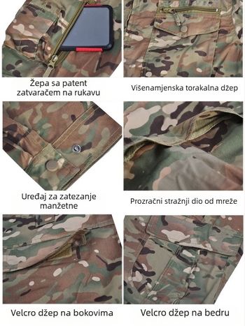 Unisex kamuflažni komplet za odrasle - pamukasto-mješavina, prozračan, odvodi vlagu, otporan na habanje; kamuflažni uzorak; pogodno za ljeto, proljeće i jesen.
