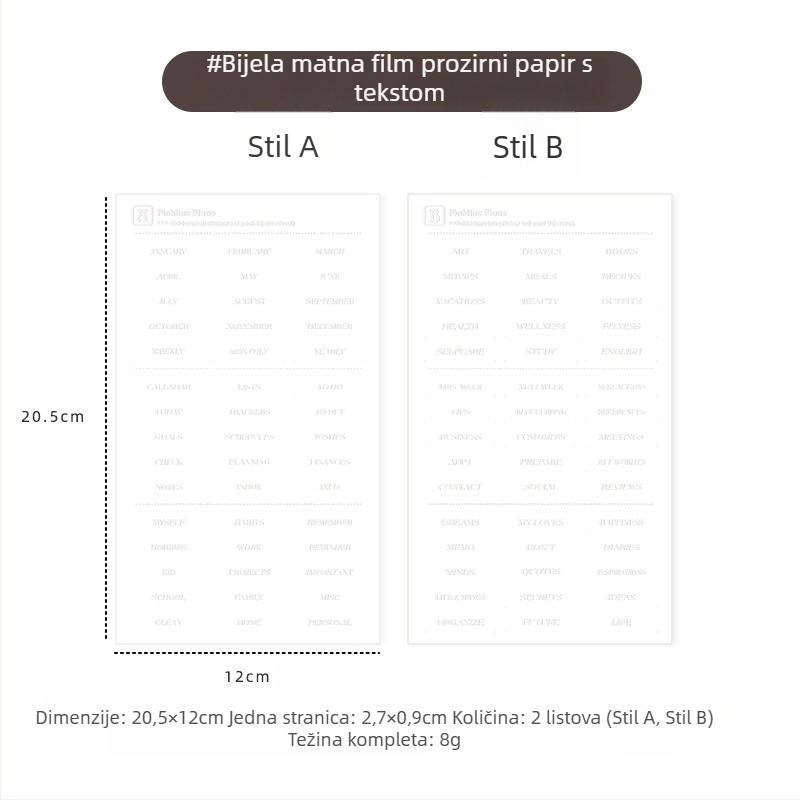 Bilježnica s odvojivim dijelovima, PVC unutarnje stranice, PP indeksne stranice i DIY naljepnice za planiranje vremena