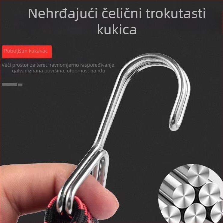 Elastična traka za prtljagu za bicikle, motocikle i električna vozila s podesivim kukama; duljina po narudžbi; materijal: uvoz latex; nosivost: 50