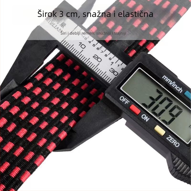 Elastična traka za prtljagu za bicikle, motocikle i električna vozila s podesivim kukama; duljina po narudžbi; materijal: uvoz latex; nosivost: 50