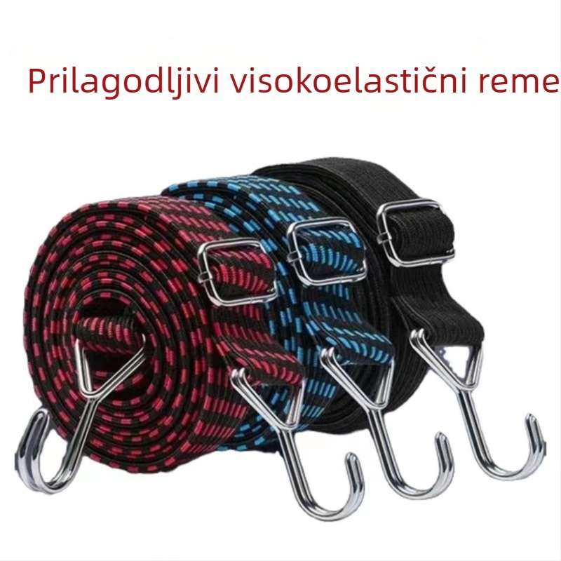 Elastična traka za prtljagu za bicikle, motocikle i električna vozila s podesivim kukama; duljina po narudžbi; materijal: uvoz latex; nosivost: 50