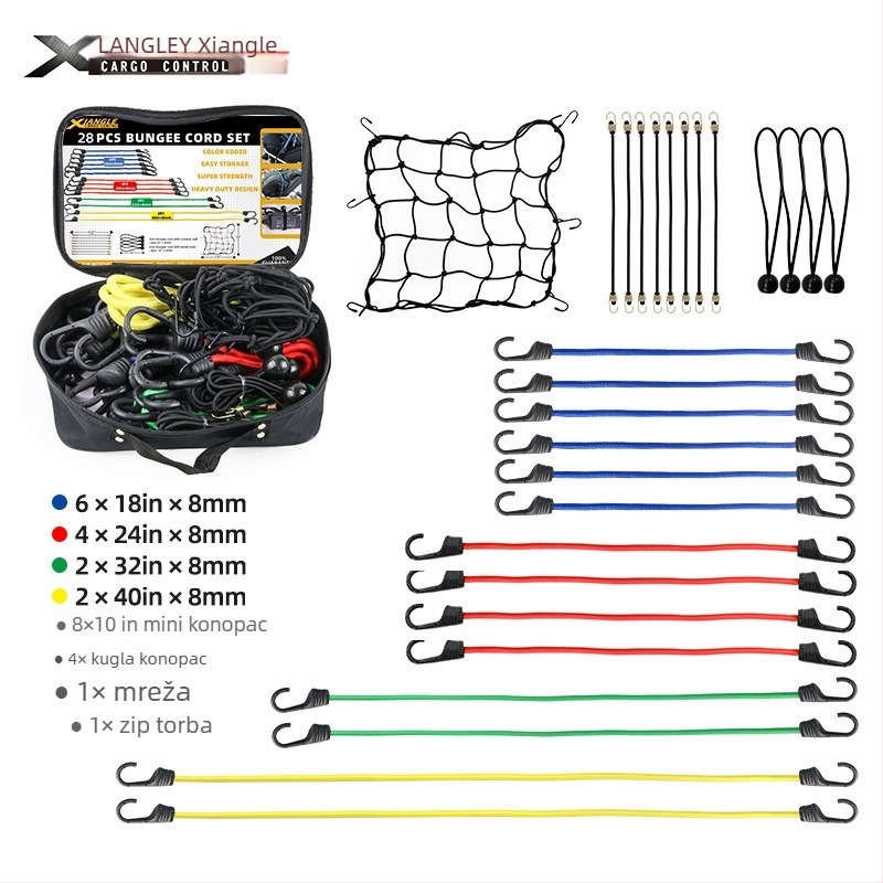28-dijelni set za vezivanje prtljage s latex elastičnim užetima, klipse za šator i mrežom za teret, nosivost 60 kg