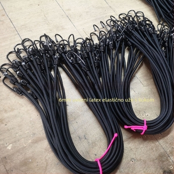 6mm kopča s kukom za prtljagu, bicikle i kolica; materijali: polipropilen/poliester, guma/lateks; dvije vrste kuka: 1) metalna kuka s gumom ili plastičnim premazom; 2) čelična kuka s latex premazom; elastično uže na zahtjev.