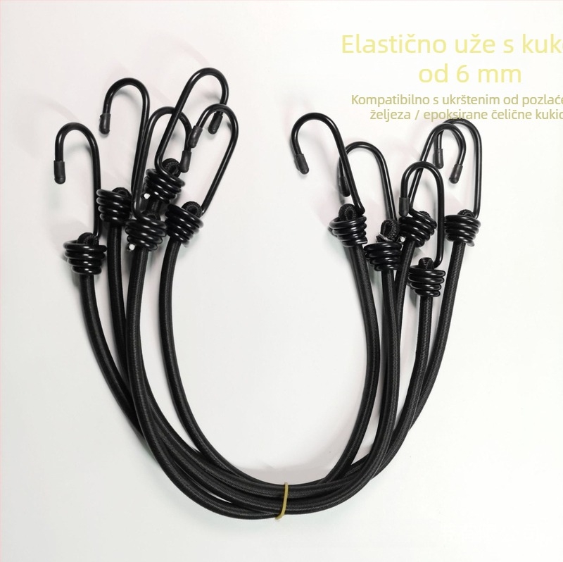 6mm kopča s kukom za prtljagu, bicikle i kolica; materijali: polipropilen/poliester, guma/lateks; dvije vrste kuka: 1) metalna kuka s gumom ili plastičnim premazom; 2) čelična kuka s latex premazom; elastično uže na zahtjev.