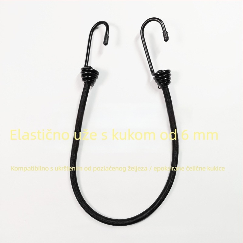 6mm kopča s kukom za prtljagu, bicikle i kolica; materijali: polipropilen/poliester, guma/lateks; dvije vrste kuka: 1) metalna kuka s gumom ili plastičnim premazom; 2) čelična kuka s latex premazom; elastično uže na zahtjev.