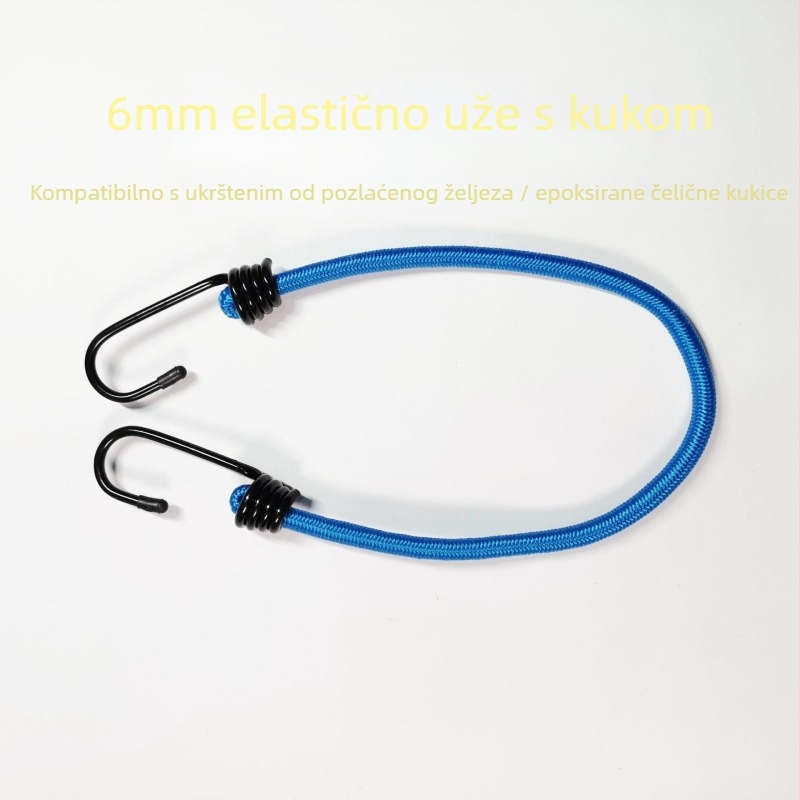 6mm kopča s kukom za prtljagu, bicikle i kolica; materijali: polipropilen/poliester, guma/lateks; dvije vrste kuka: 1) metalna kuka s gumom ili plastičnim premazom; 2) čelična kuka s latex premazom; elastično uže na zahtjev.
