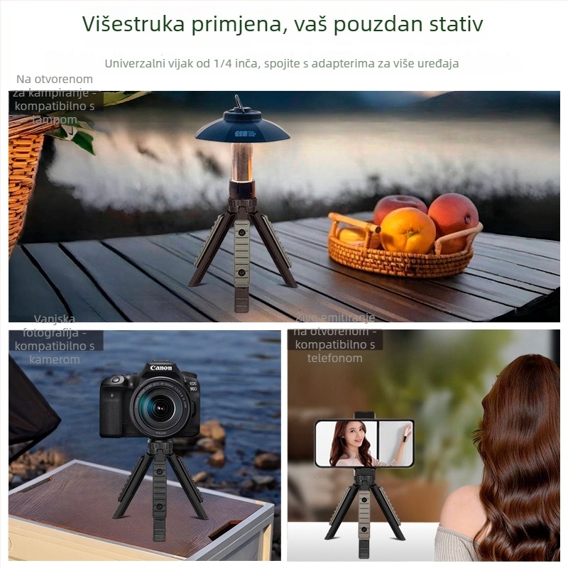 ZJ01 Višestrani tronožni nosač za vanjsku rasvjetu, stolni/ručni način korištenja — pokriće 31–40 m², proširivački adapter, podržava live streaming, fotografiju i projektor